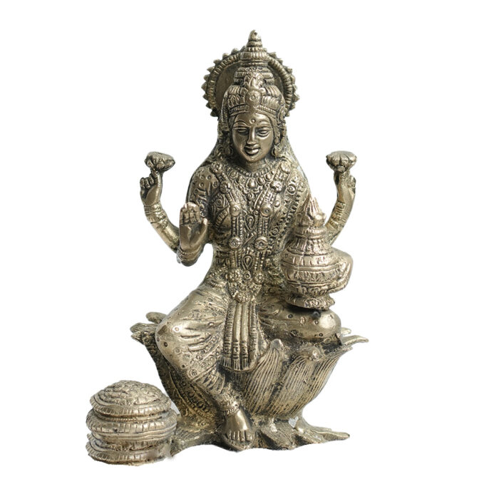 Goddess Lakshmi Seated On Lotus, Brass Statue of goddess lakshmi, Brass Goddess Lakshmi Sitting On Lotus