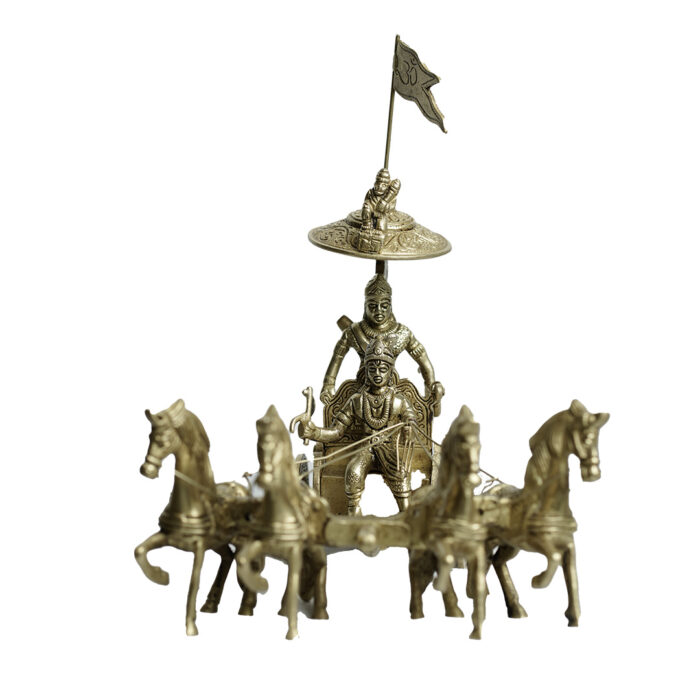 Brass Arjun And Krishna Rath, Brass Lord Krishna And Arjuna In Chariot, Handmade Brass Arjun And Krishna Rath