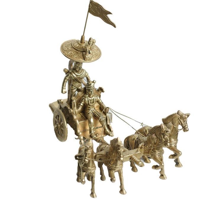 Brass Arjun And Krishna Rath, Brass Lord Krishna And Arjuna In Chariot, Handmade Brass Arjun And Krishna Rath